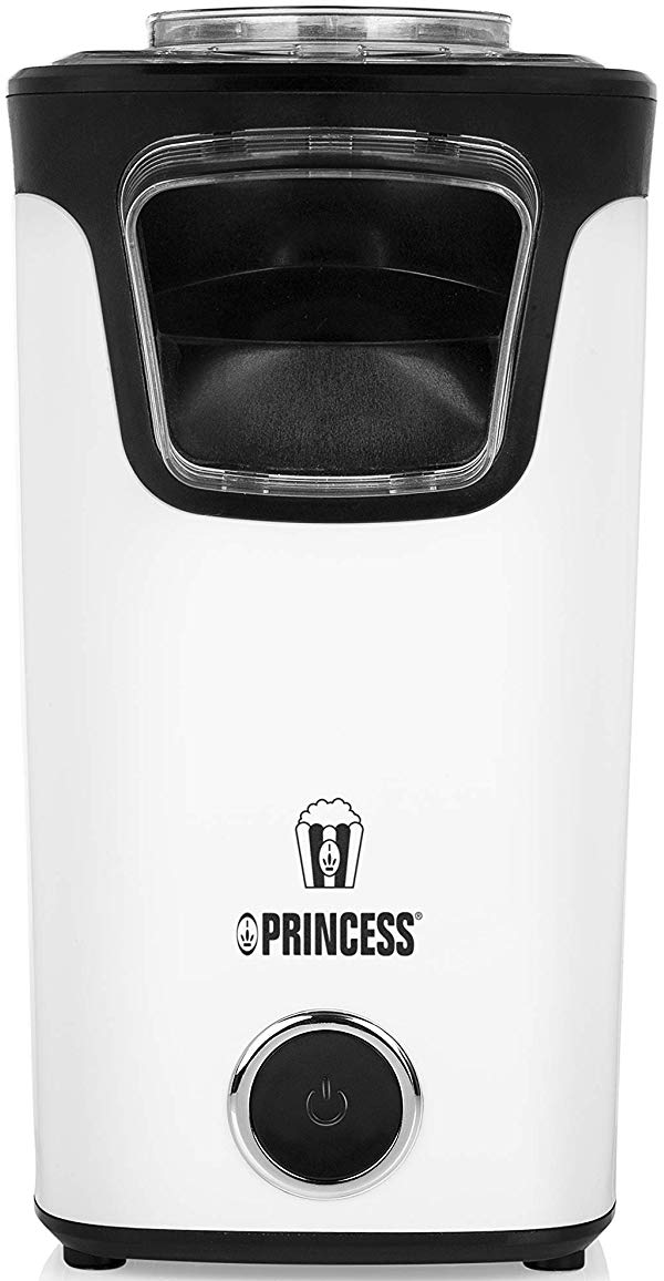 Una macchina per popcorn bianca e nera con il logo Princess e un pulsante di accensione.