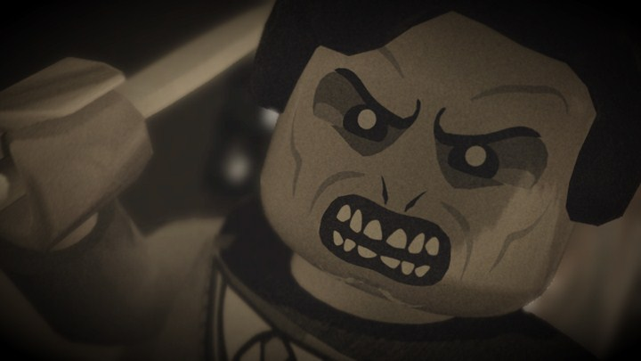 Lego zombie figuur, zwart haar, bleke huid, boze uitdrukking met mes.