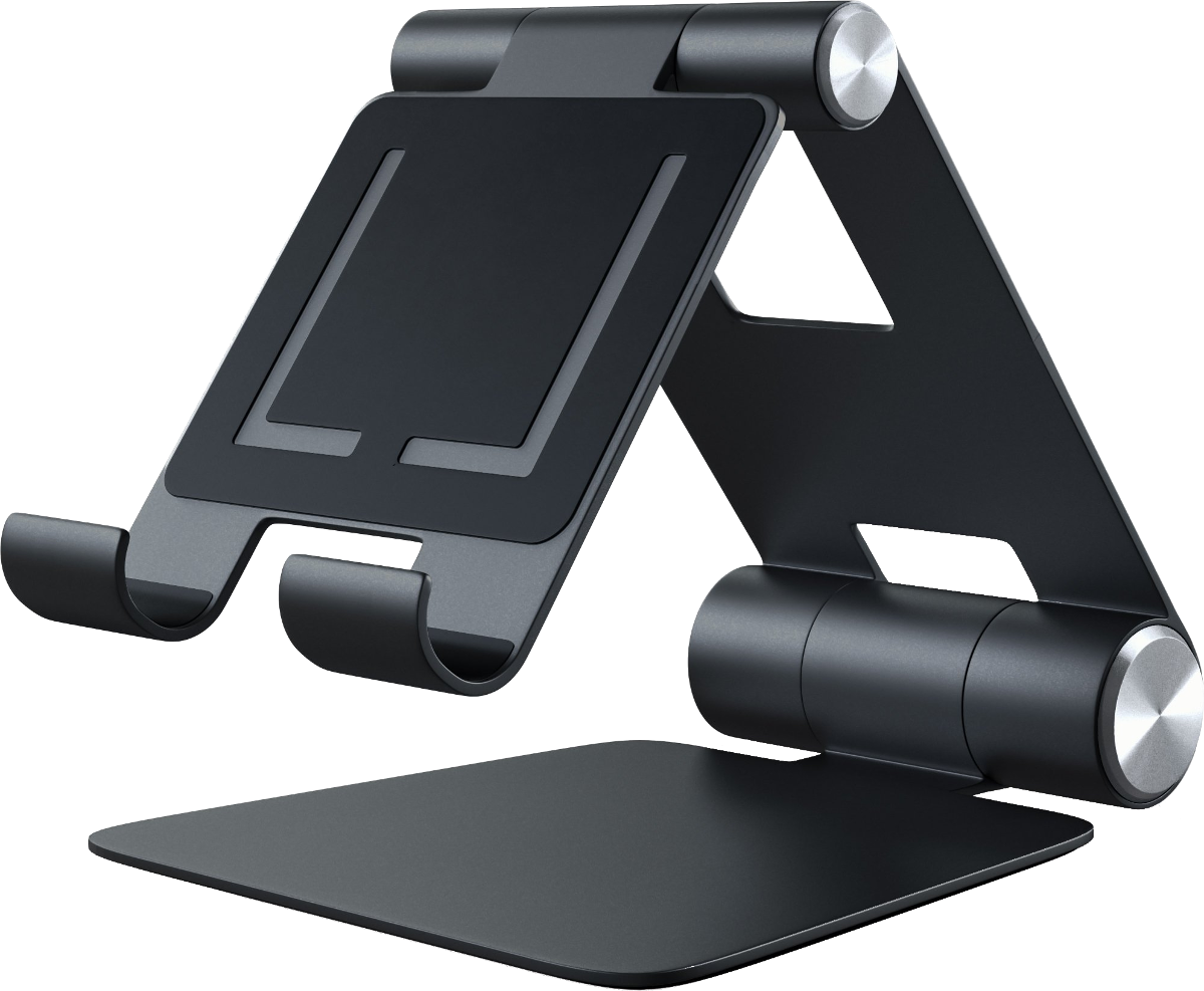Supporto per tablet nero regolabile. Ha una base, un braccio regolabile e una culla.