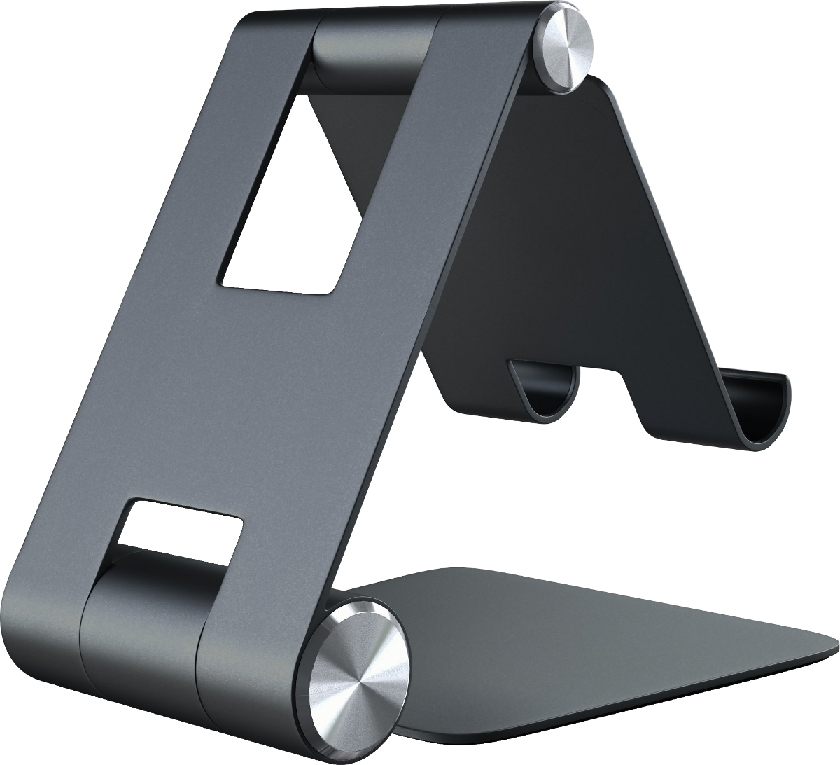 Un supporto per tablet grigio scuro. Il supporto è in metallo. Lo sfondo è nero.