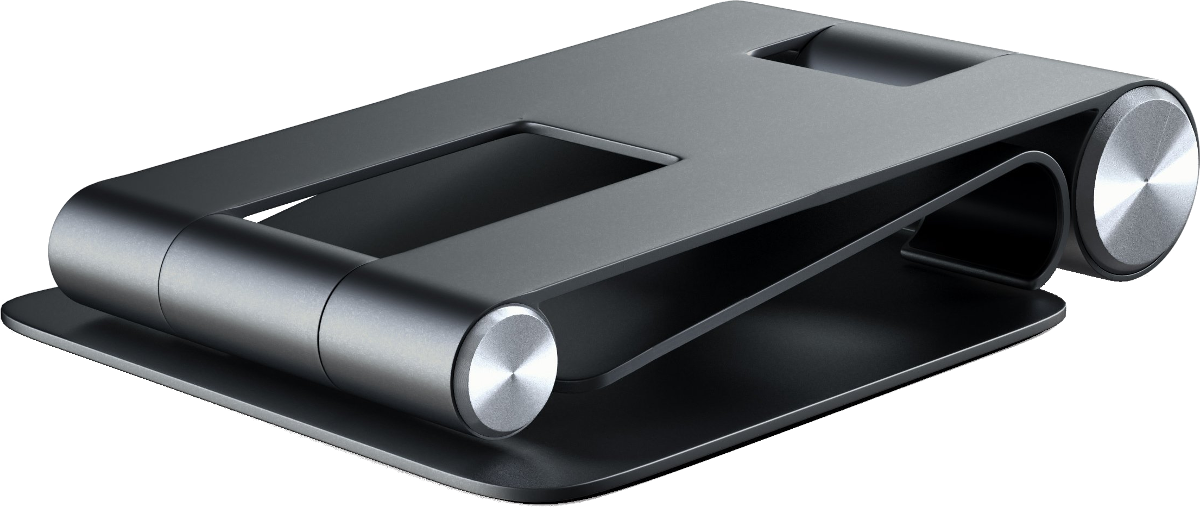 Supporto per tablet argentato, angolato, con un design curvo e cerniere metalliche rotonde.