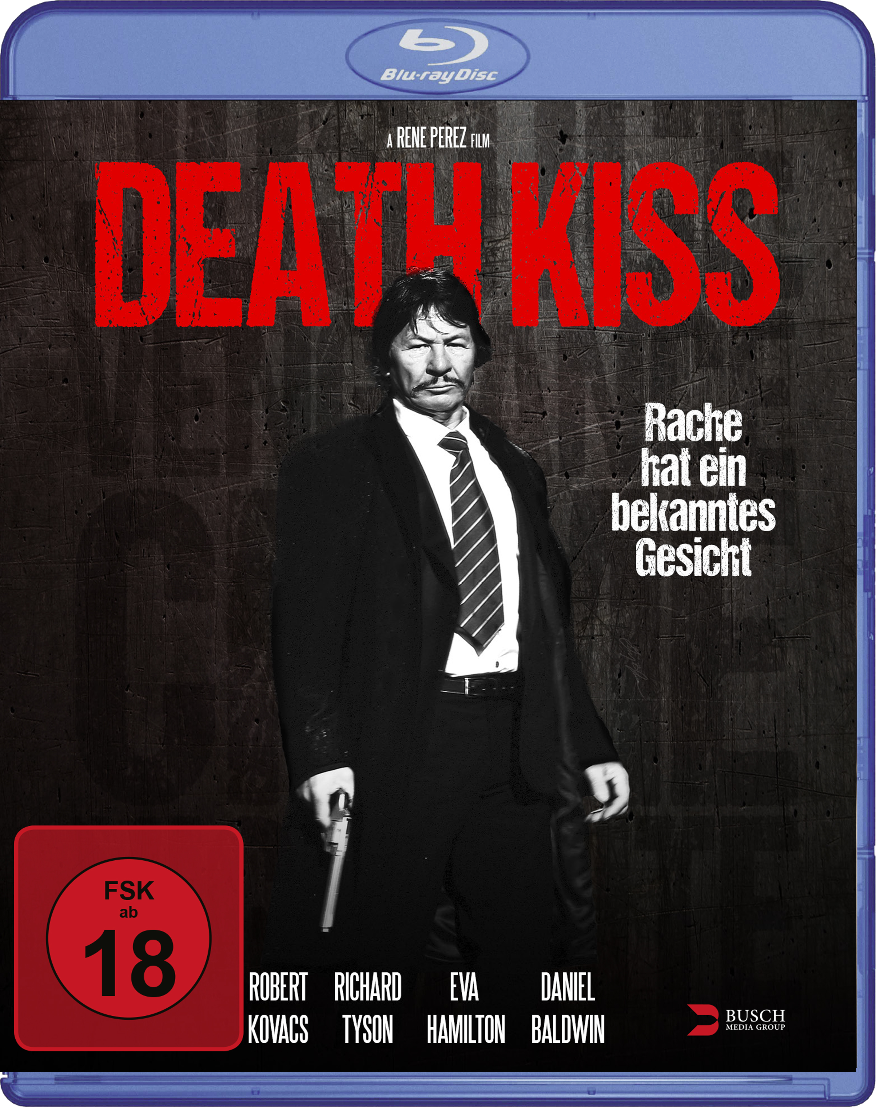 Filmcover mit Mann im Anzug mit Pistole, Titel 'Death Kiss' in Rot, Blu-ray-Logo oben.
