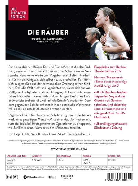 Die Rückseite einer DVD, mit Schauspielern, Text und einer Theaterszene.