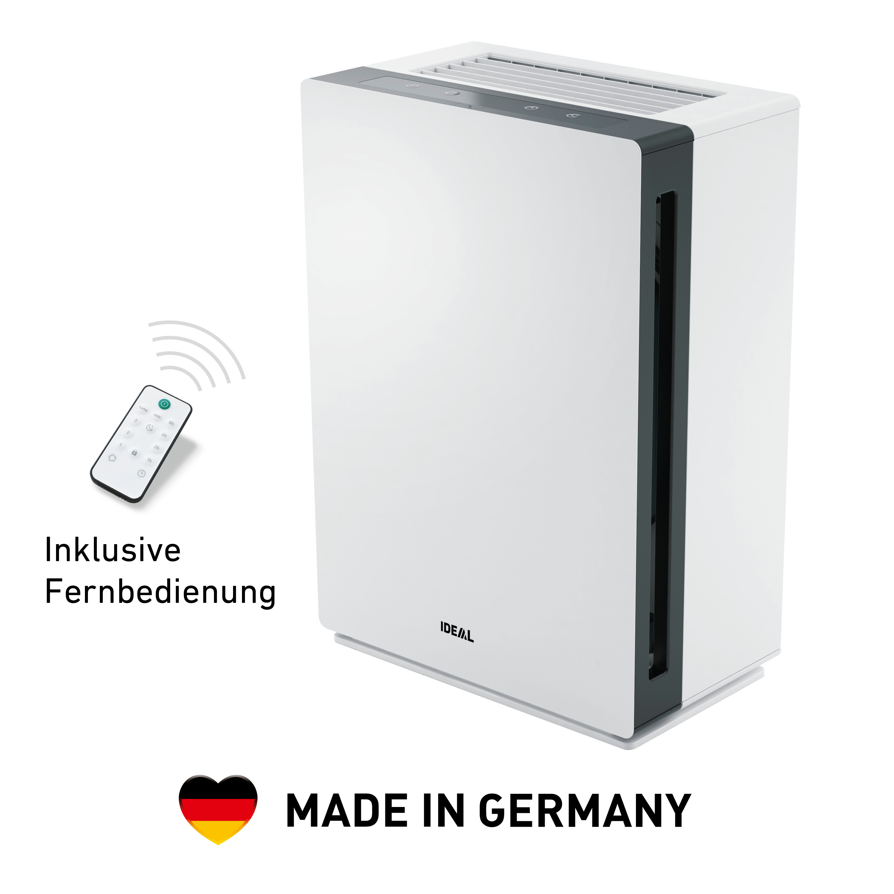 Weißer Luftreiniger mit Fernbedienung und deutschem Flaggenemblem.