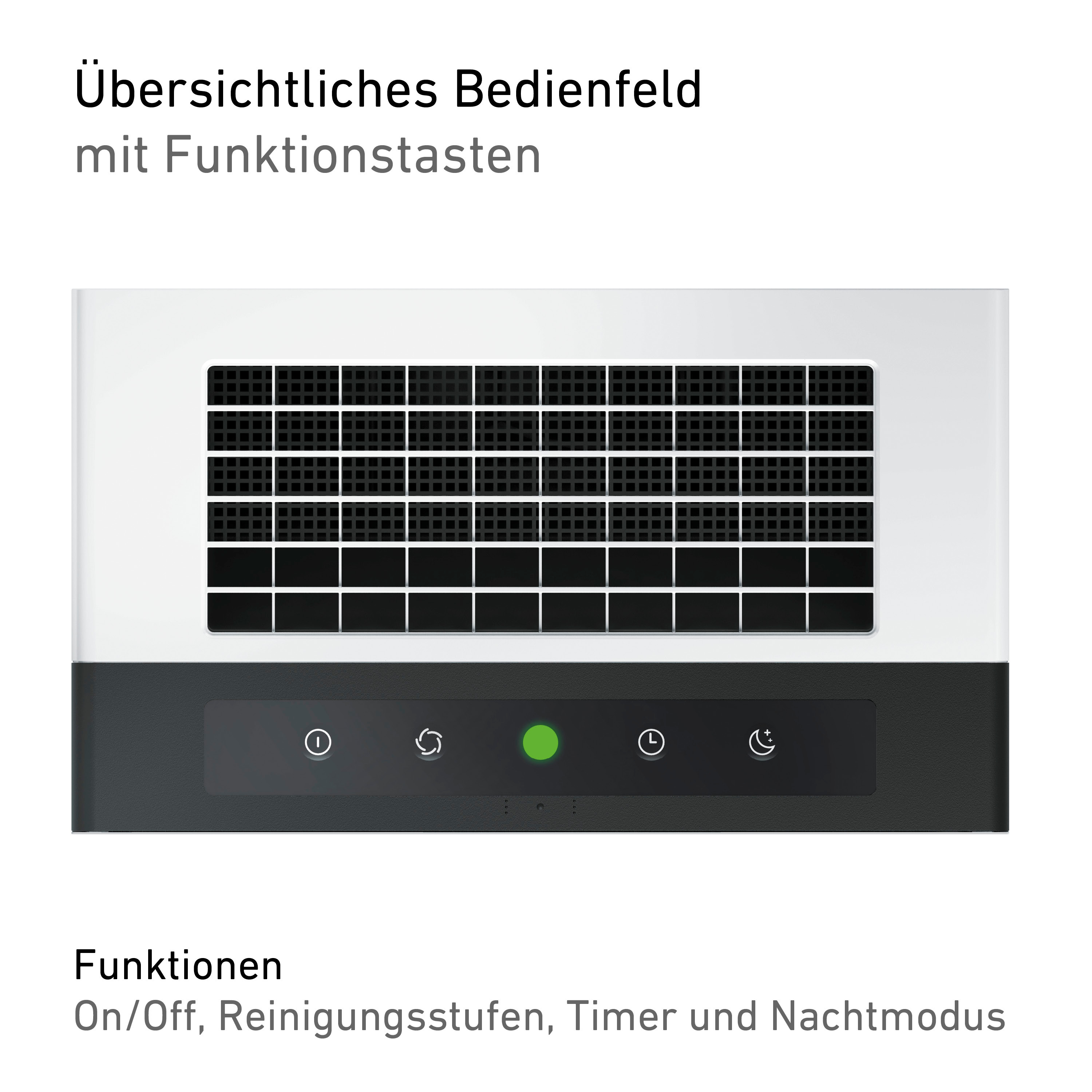 Weißer Luftreiniger mit schwarzem Oberteil und Lüftungslöchern. Text: Bedienfeld mit Funktionstasten, Funktionen wie Ein/Aus.