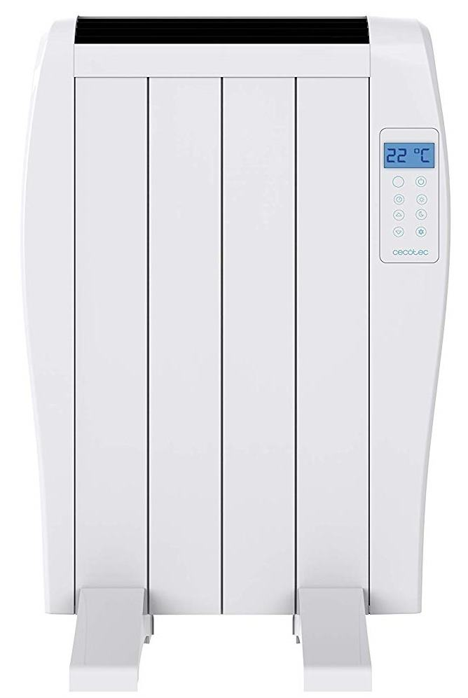 Un calefactor eléctrico blanco y moderno con una pantalla digital que muestra 22 grados. Líneas verticales y soportes para los pies visibles.