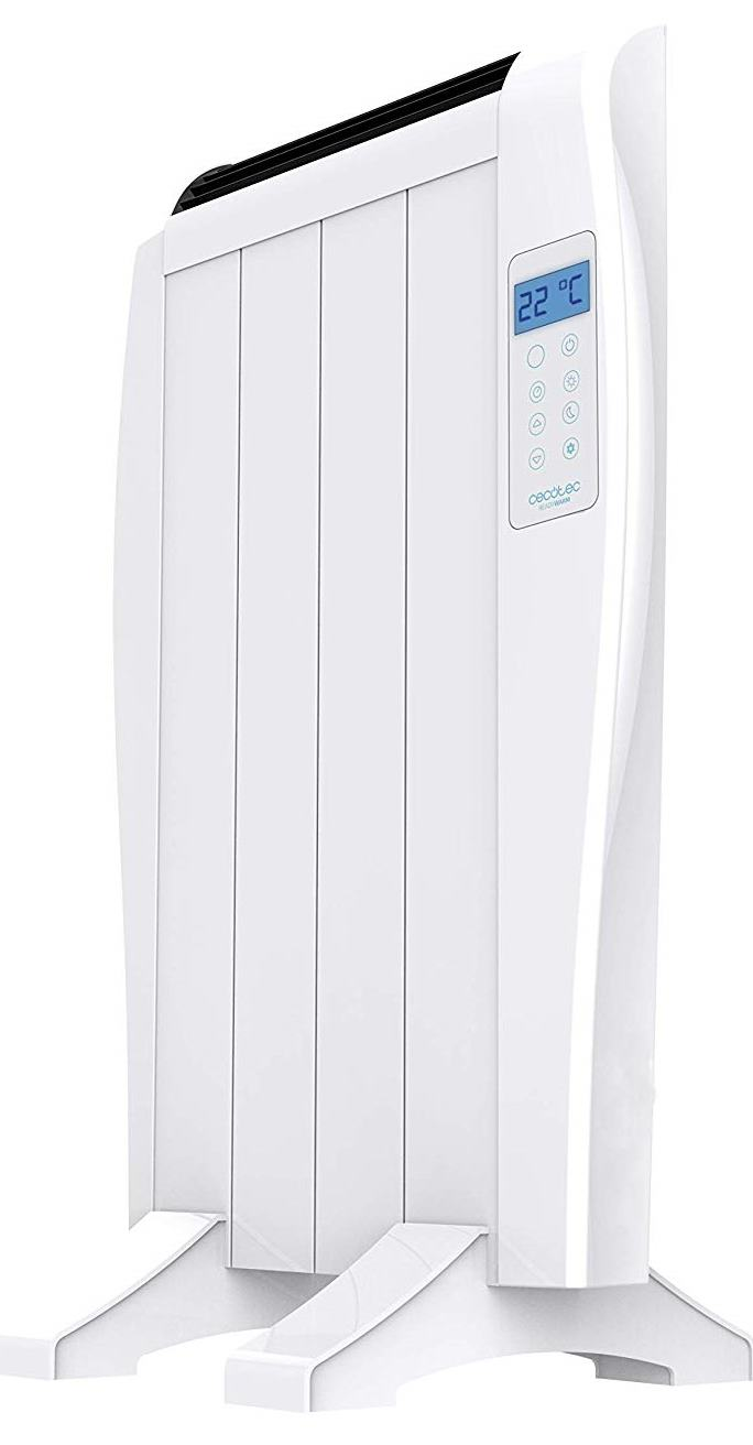 Calentador eléctrico blanco con una pantalla digital que muestra 22 grados Celsius. Se encuentra sobre una base blanca.