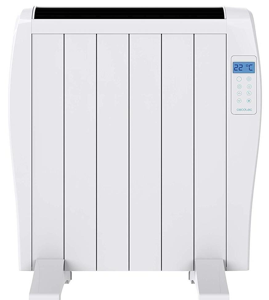 Radiador eléctrico blanco con pantalla digital que muestra 22 grados Celsius.