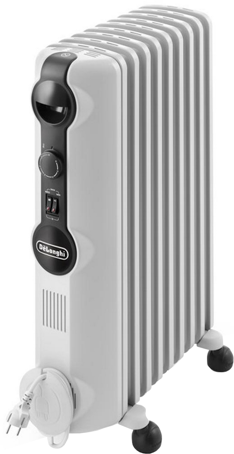 Un radiateur à huile DeLonghi blanc. Il possède des ailettes verticales, des commandes et des roues.
