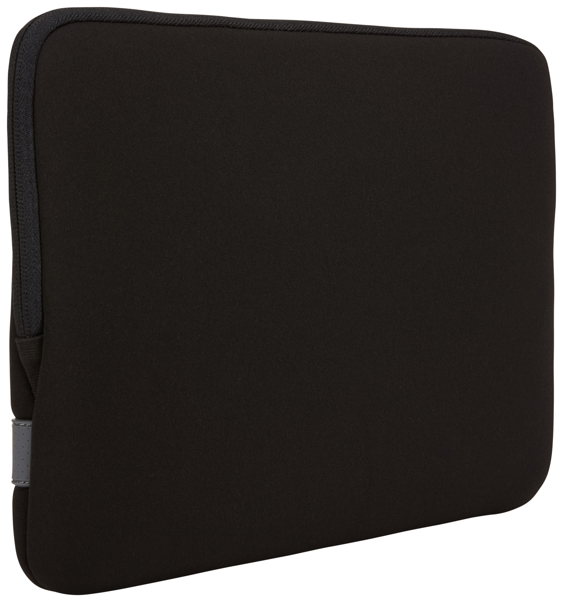 Zwarte laptoptas met een grijze rand en een klein grijs label aan de zijkant. Witte achtergrond.