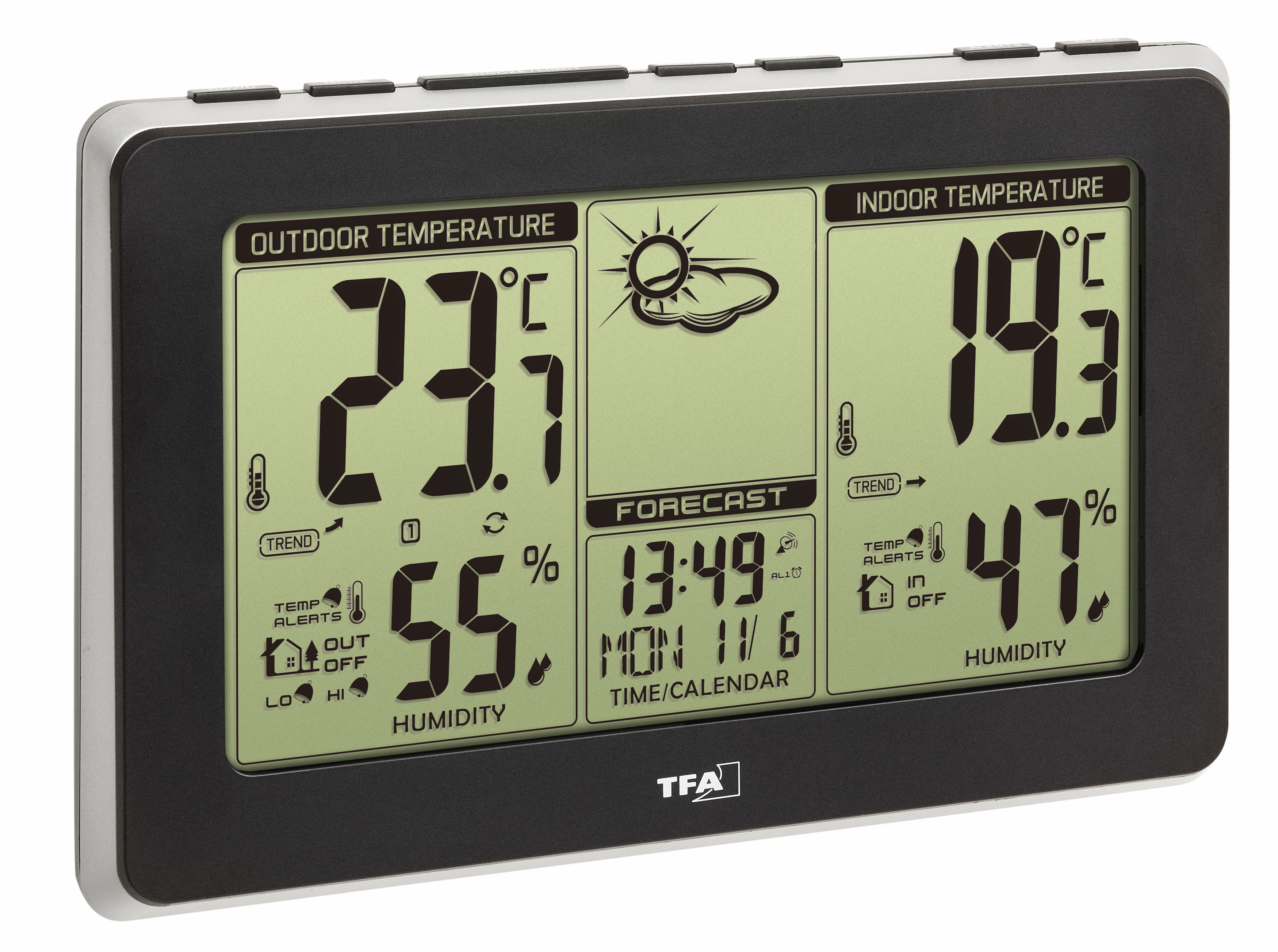 Digitale Wetterstation mit Anzeige von Außen-/Innentemperatur, Luftfeuchtigkeit, Zeit und Vorhersage.