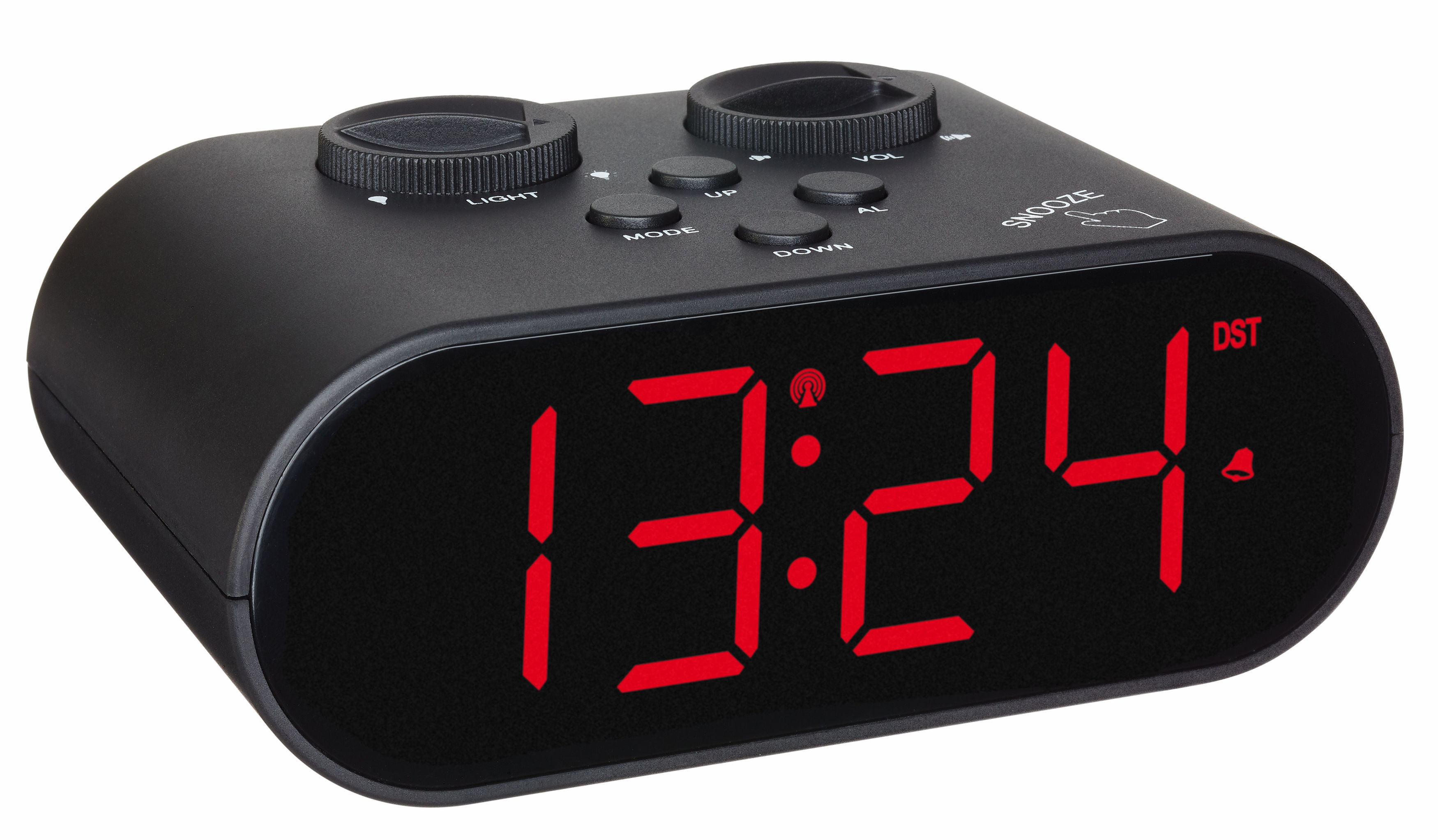 Schwarzer digitaler Wecker. Rote LED-Anzeige zeigt 13:24. Knöpfe für Licht, Modus, etc.