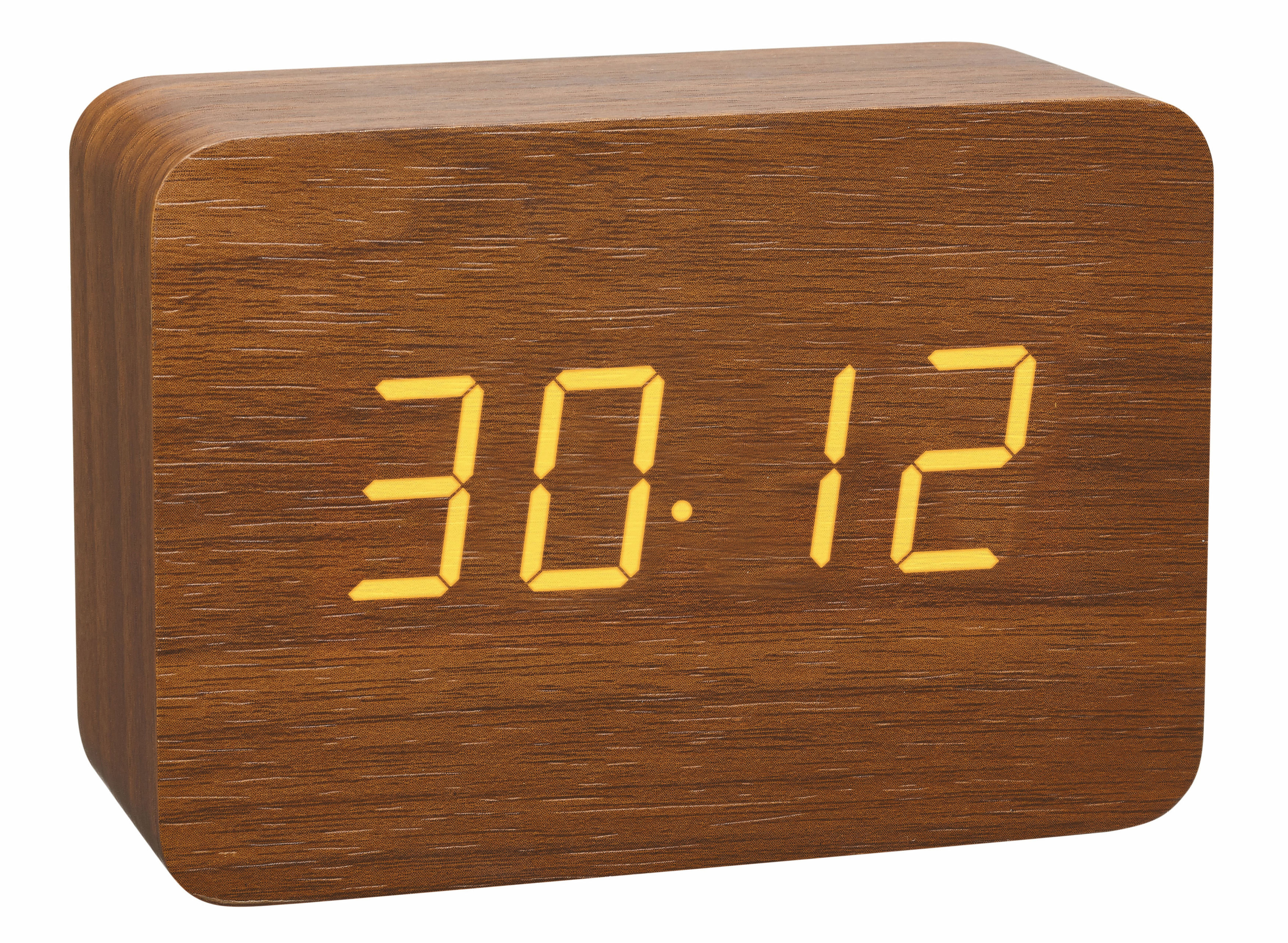 Digitaluhr aus Holz mit der Anzeige 30:12. Die Zahlen sind gelb.
