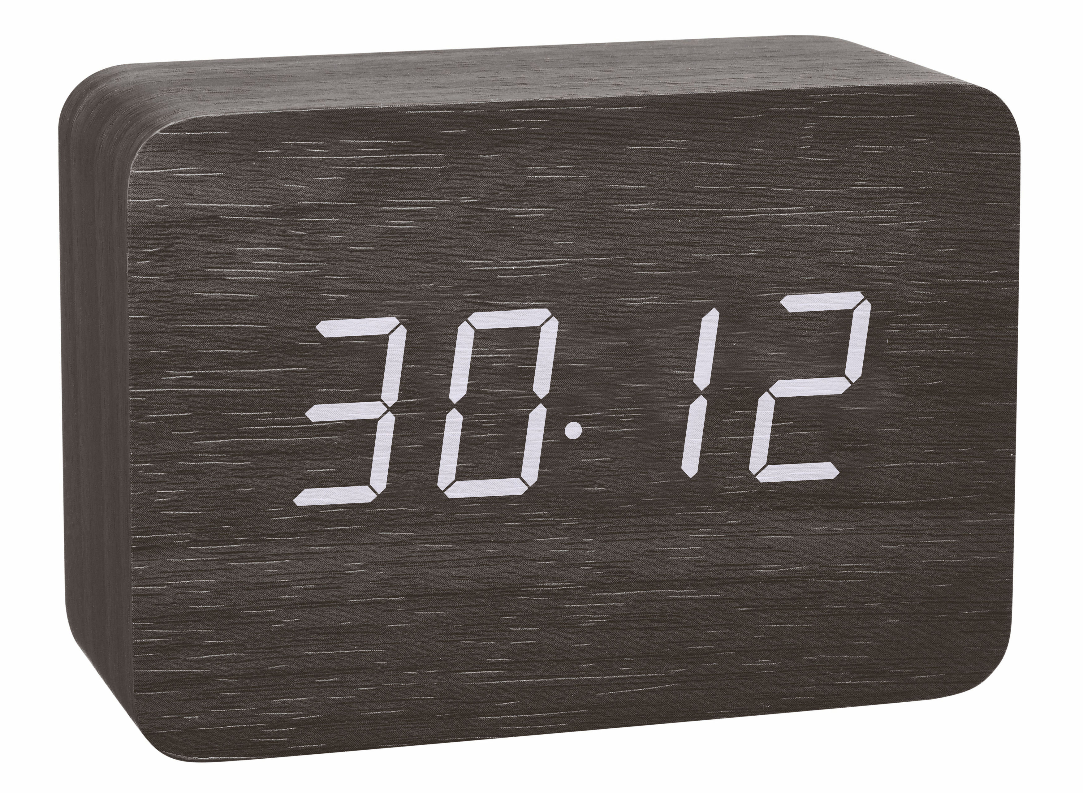Holz-Digitaluhr mit der Anzeige 30:12. Rechteckige Form mit Holzmaserung.