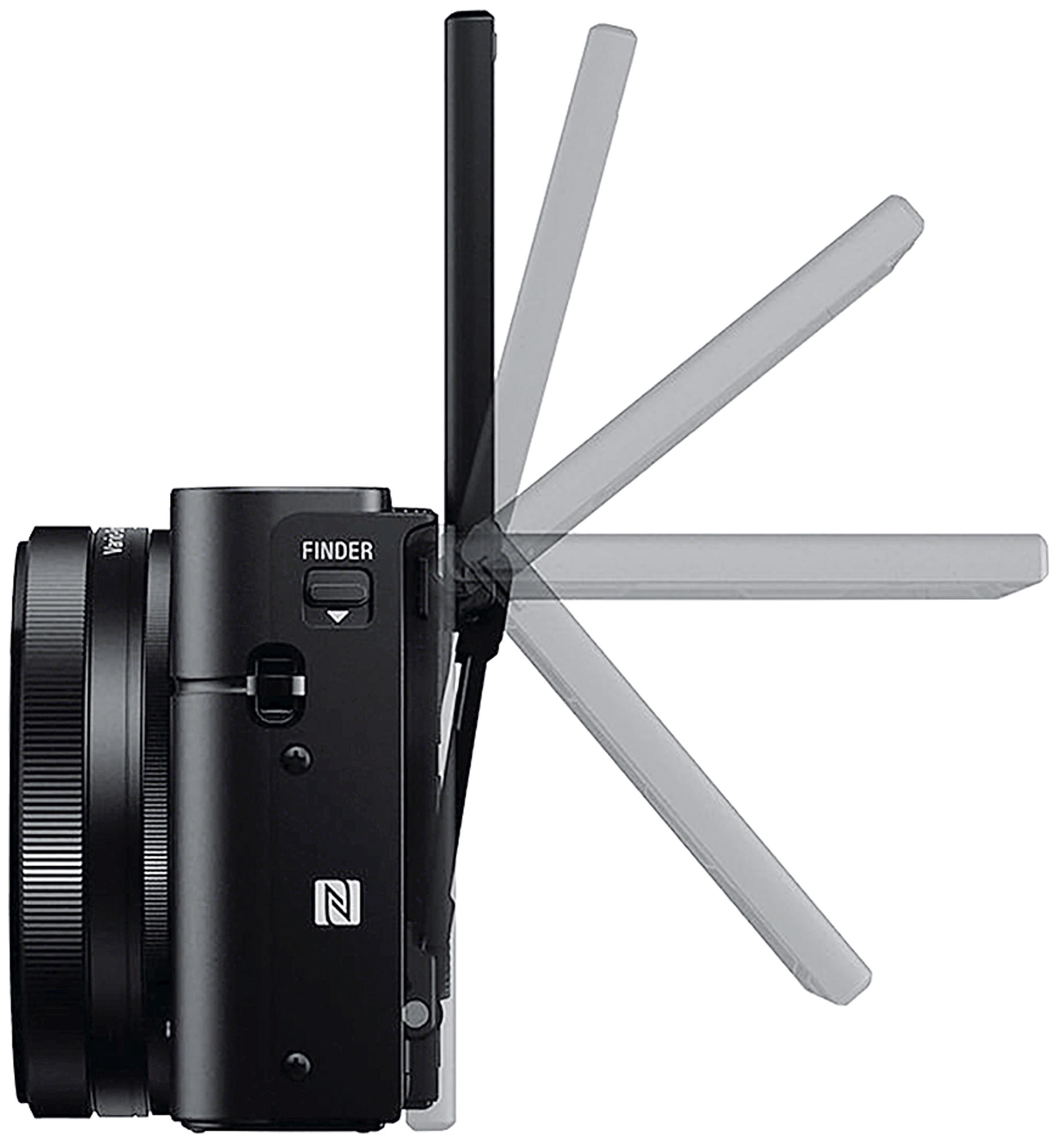 Appareil photo noir avec écran rabattable. Écran gris. Montre les angles de l'écran.