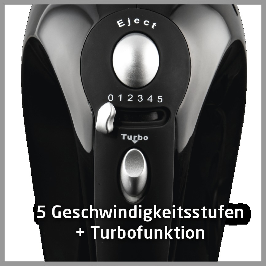 Nahaufnahme eines schwarzen Handrührgeräts mit Drehzahlregler und Turbo-Taste.