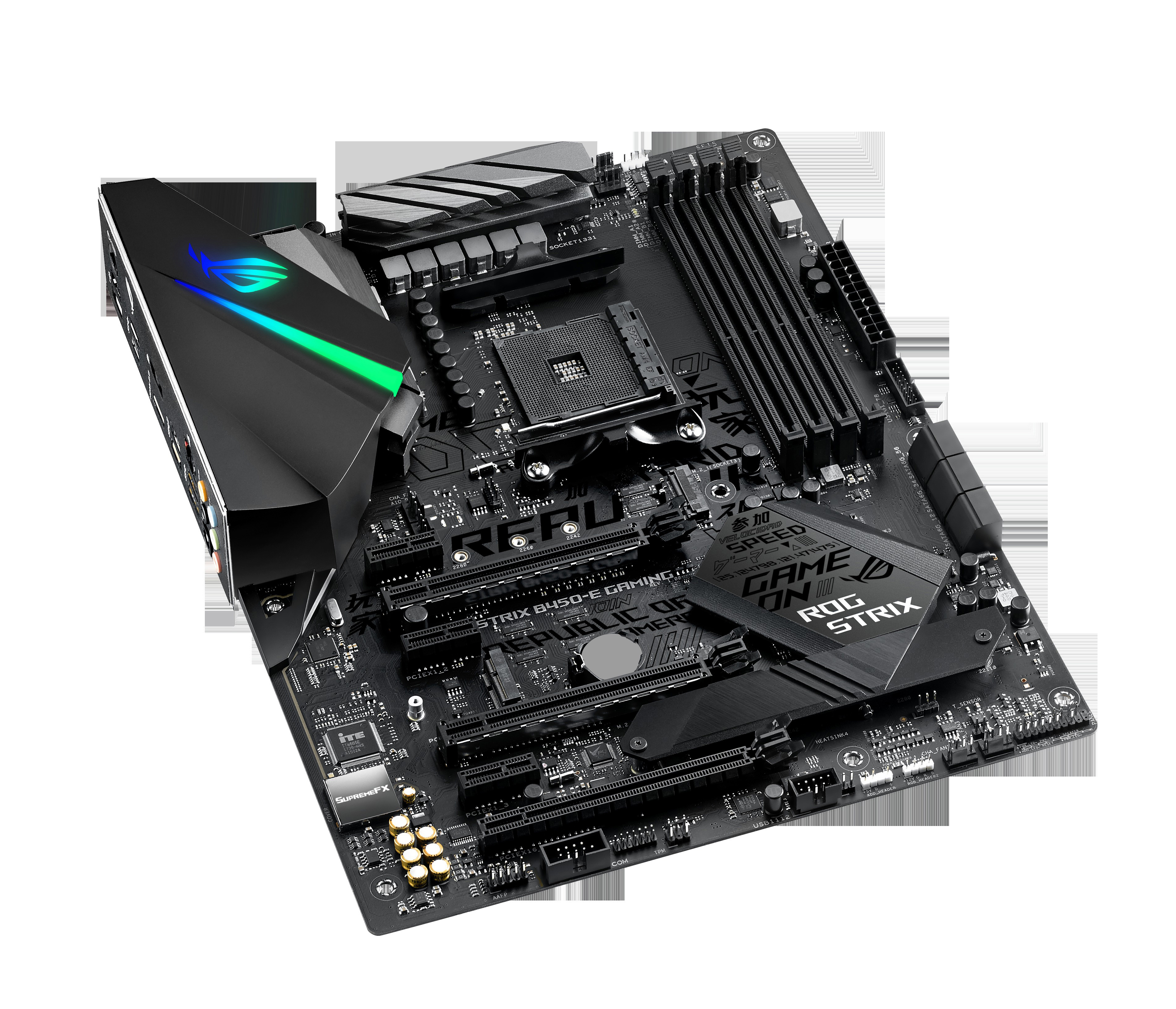 Schwarzes Computer-Motherboard. Es verfügt über mehrere Steckplätze, Anschlüsse und das ROG Strix-Logo.