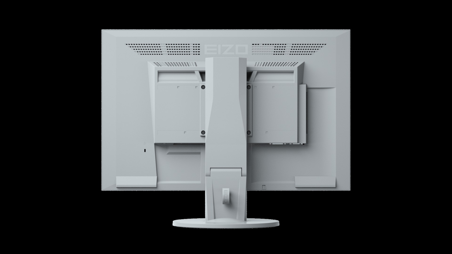 Die Rückseite eines weißen Eizo-Monitors mit Ständer und verschiedenen Anschlüssen.