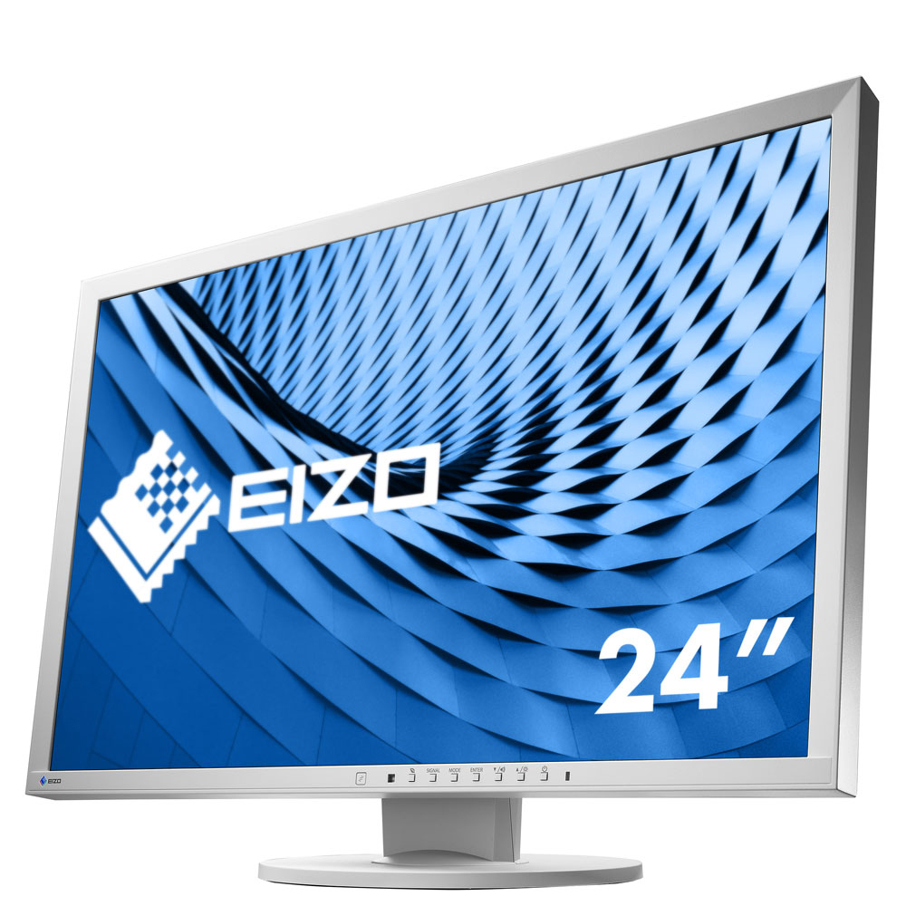 Ein Computermonitor mit weißem Rahmen, der ein blaues abstraktes Bild zeigt.