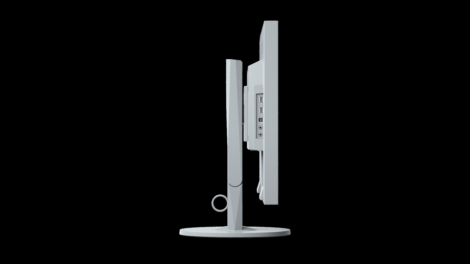 Seitenansicht eines weißen Computermonitors mit Ständer, schwarzer Hintergrund.