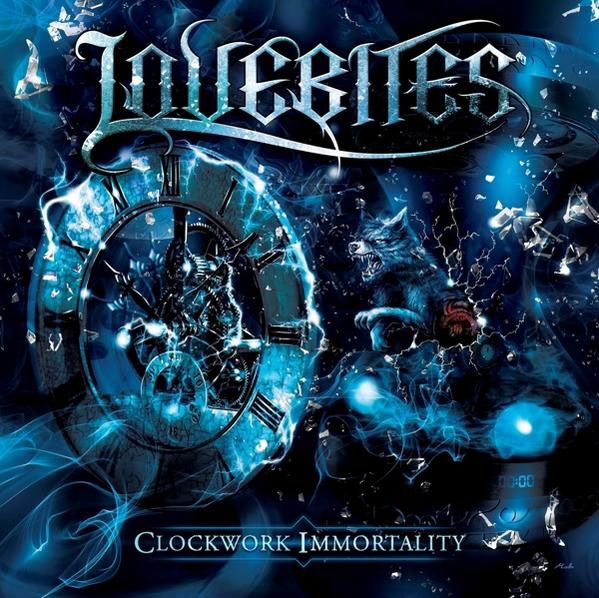 Albumcover mit Uhr, blauen Flammen und Wolf, mit Text.