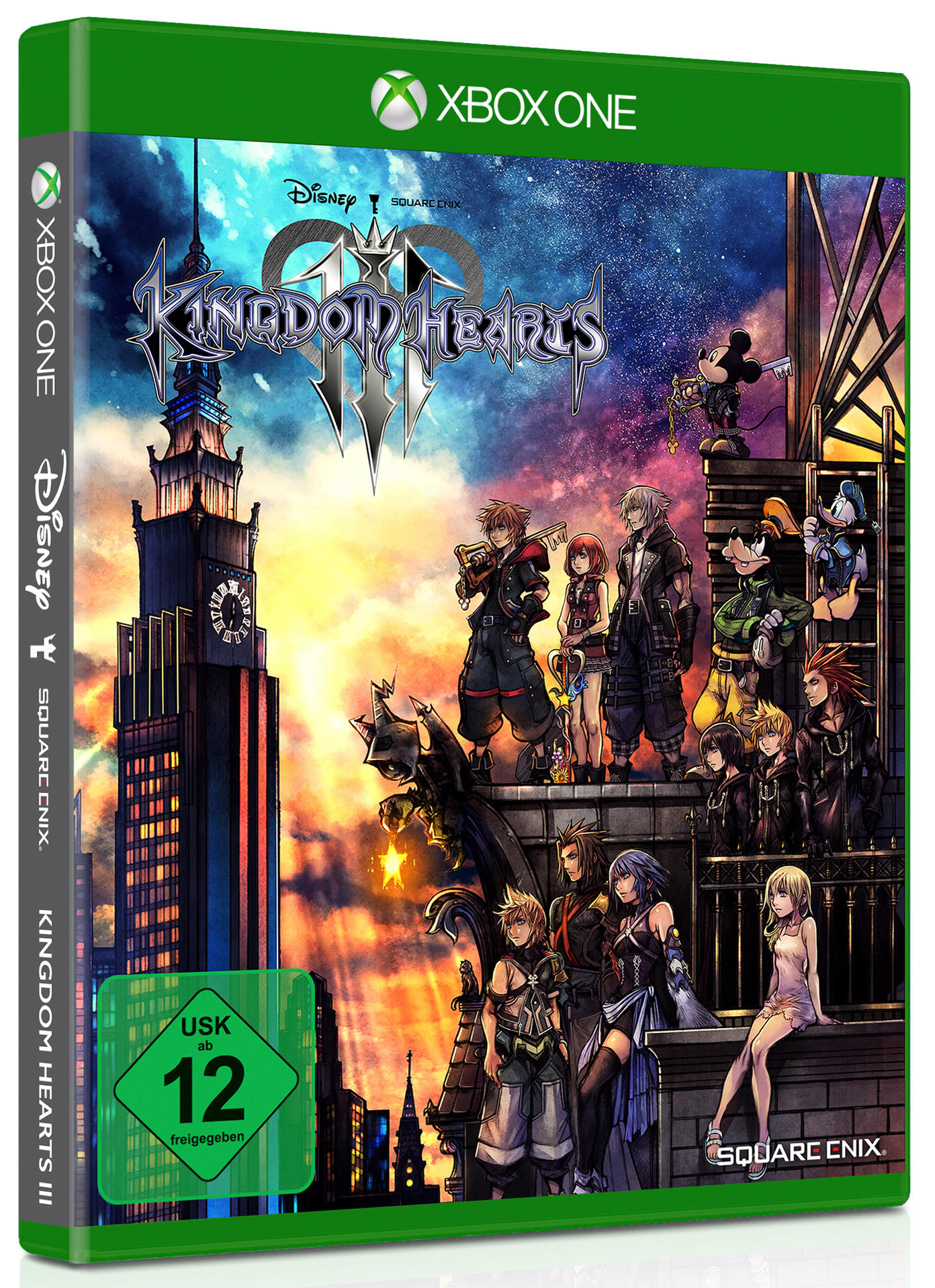 Schachtel des Spiels Kingdom Hearts III. Charaktere auf dem Cover. Ein grünes Gehäuse.