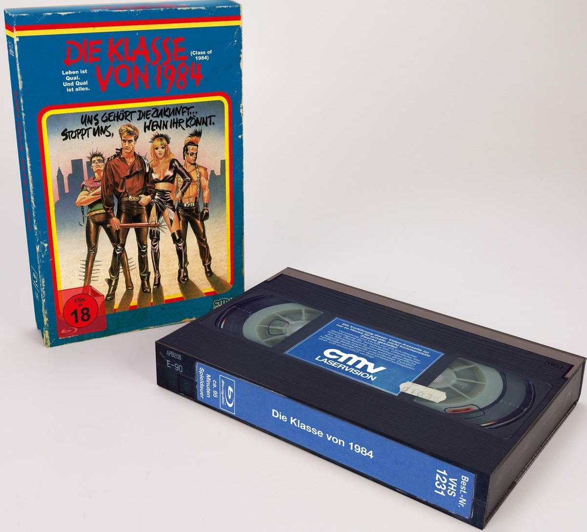 DVD-Box-Set des Films Die Klasse von 1984 mit VHS-Kassette. Eine blaue Box mit Artwork.