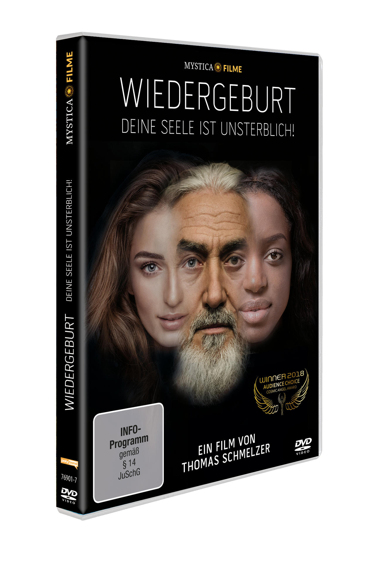 DVD-Cover mit drei Gesichtern, Titel: Wiedergeburt, deutscher Text.