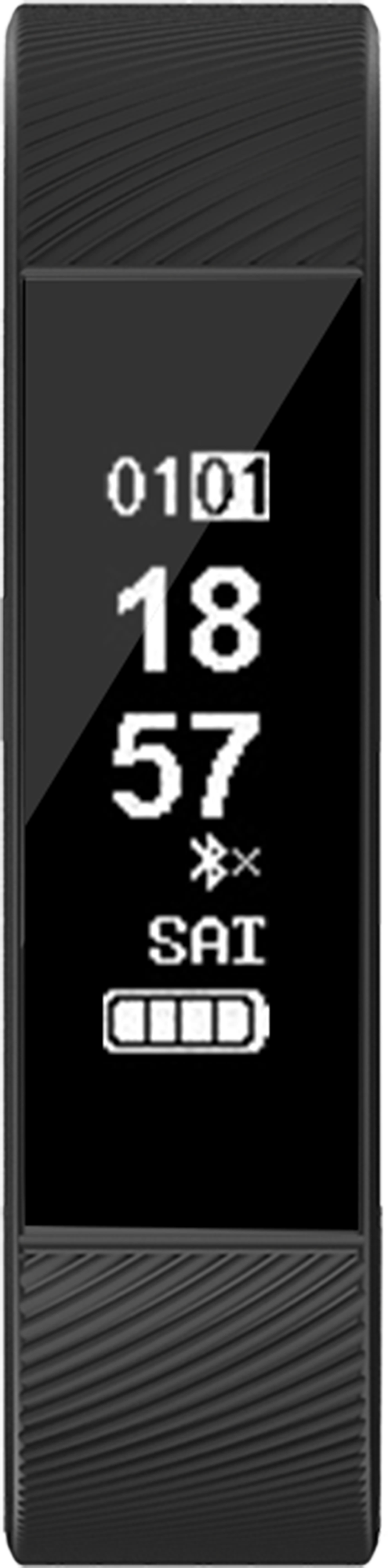 Black fitness tracker displaying time and battery life. SAT and bluetooth symbol.