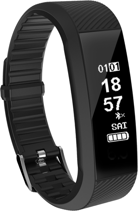 Black fitness tracker. It displays time, date, and battery life.  The band is ribbed.