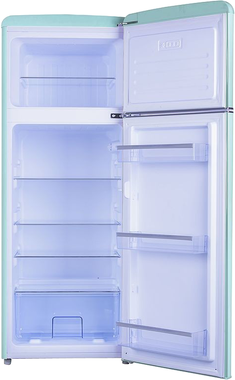Egy nyitott, retro stílusú hűtőszekrény polcokkal, fiókokkal és ajtóval.