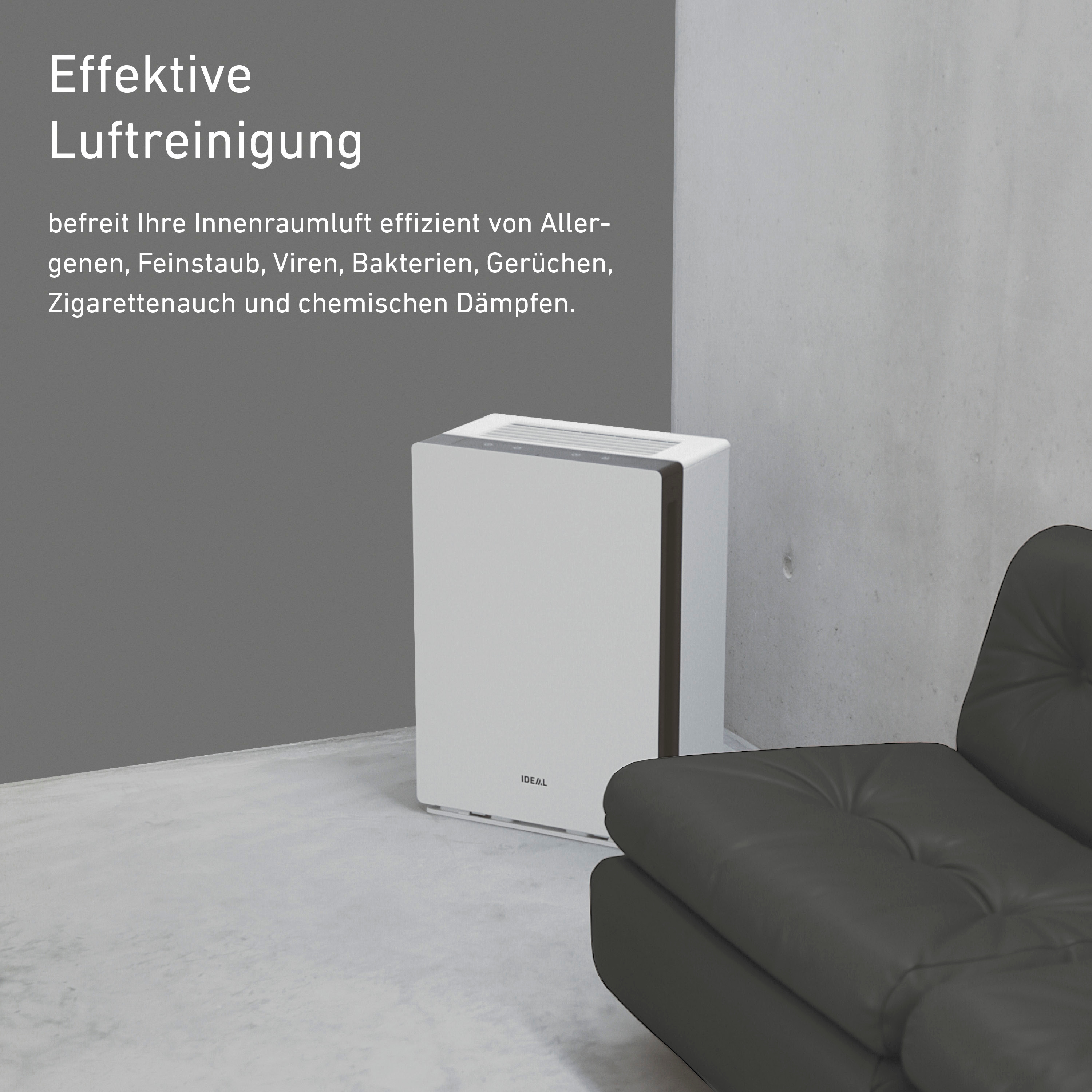 Ein Luftreiniger neben einem schwarzen Sofa, mit Text über Luftreinigung.
