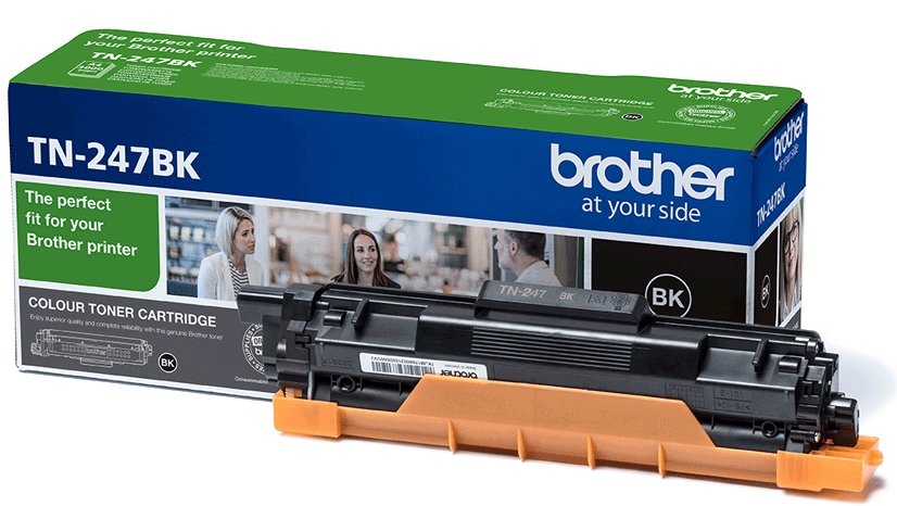Brother TN-247BK Tonerkartuschenbox mit Tonerkartusche auf weißem Hintergrund.