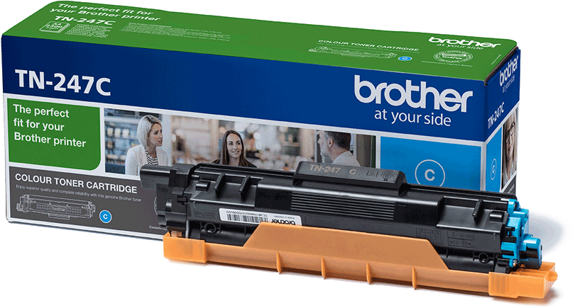 Una scatola di cartucce toner Brother TN-247C. La scatola è blu e arancione con il logo Brother.