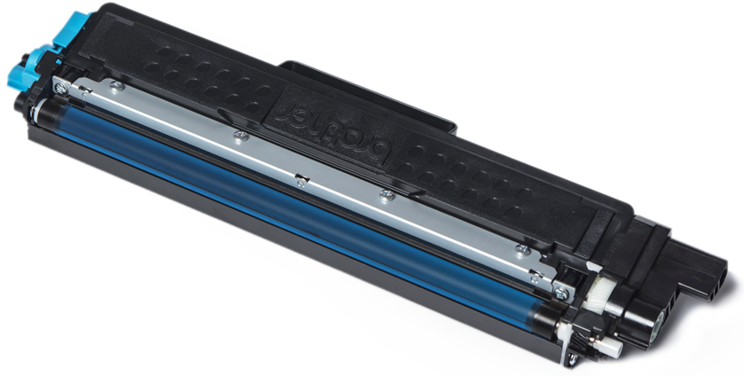 Cartuccia toner Brother, nera e blu, con sfondo bianco.