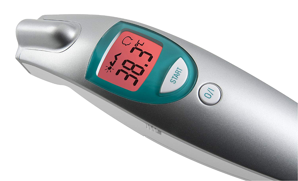 Egy digitális hőmérő, amely 38,3 Celsius-fokot mutat. A képernyő zöld és piros.