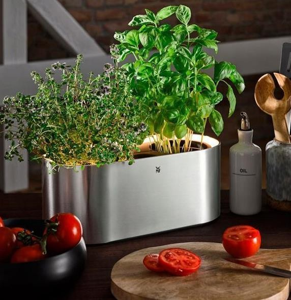 Encimera de cocina con hierbas en una maceta de metal, tomates y una tabla de cortar.
