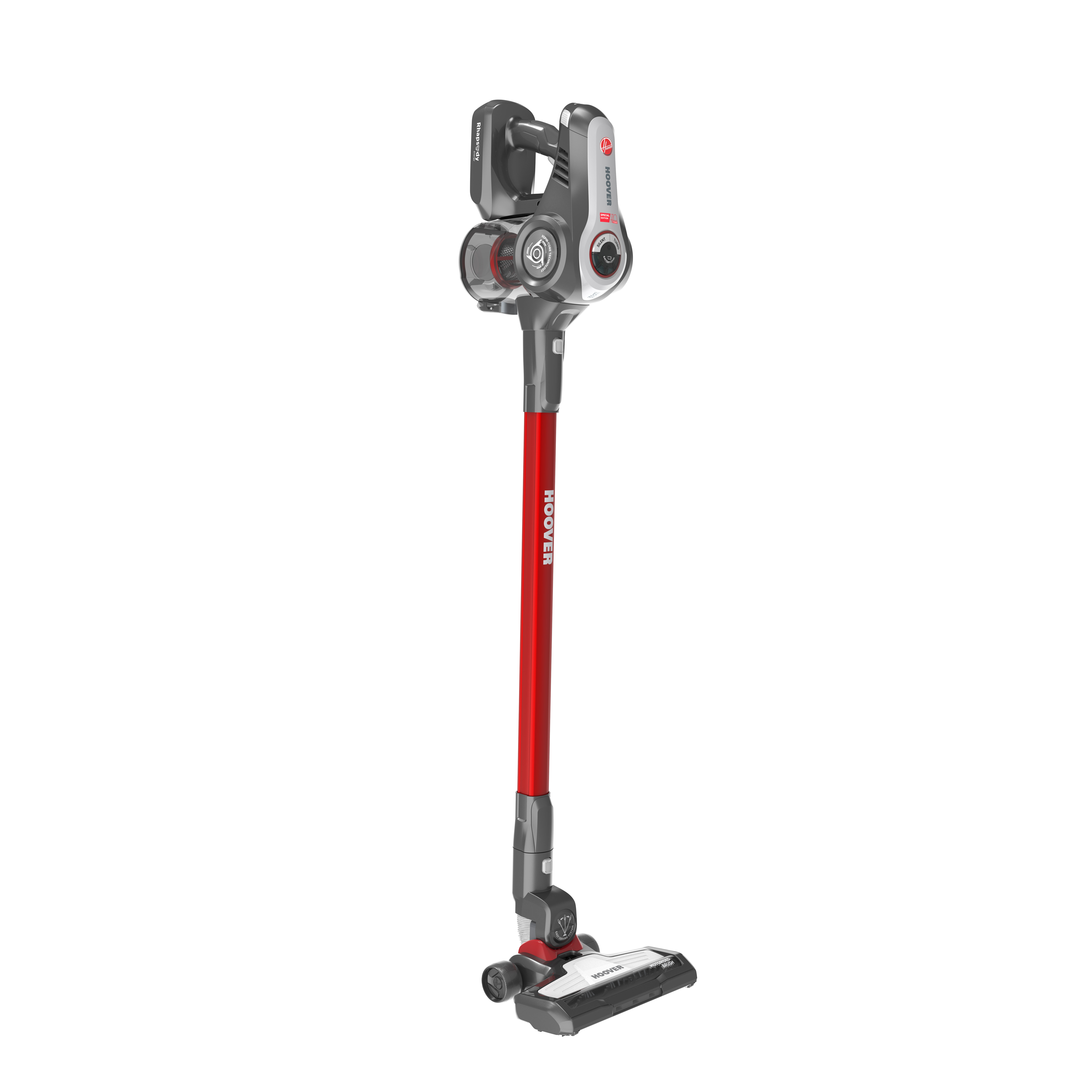 Roter und grauer Hoover-Stielstaubsauger, aufrecht stehend.