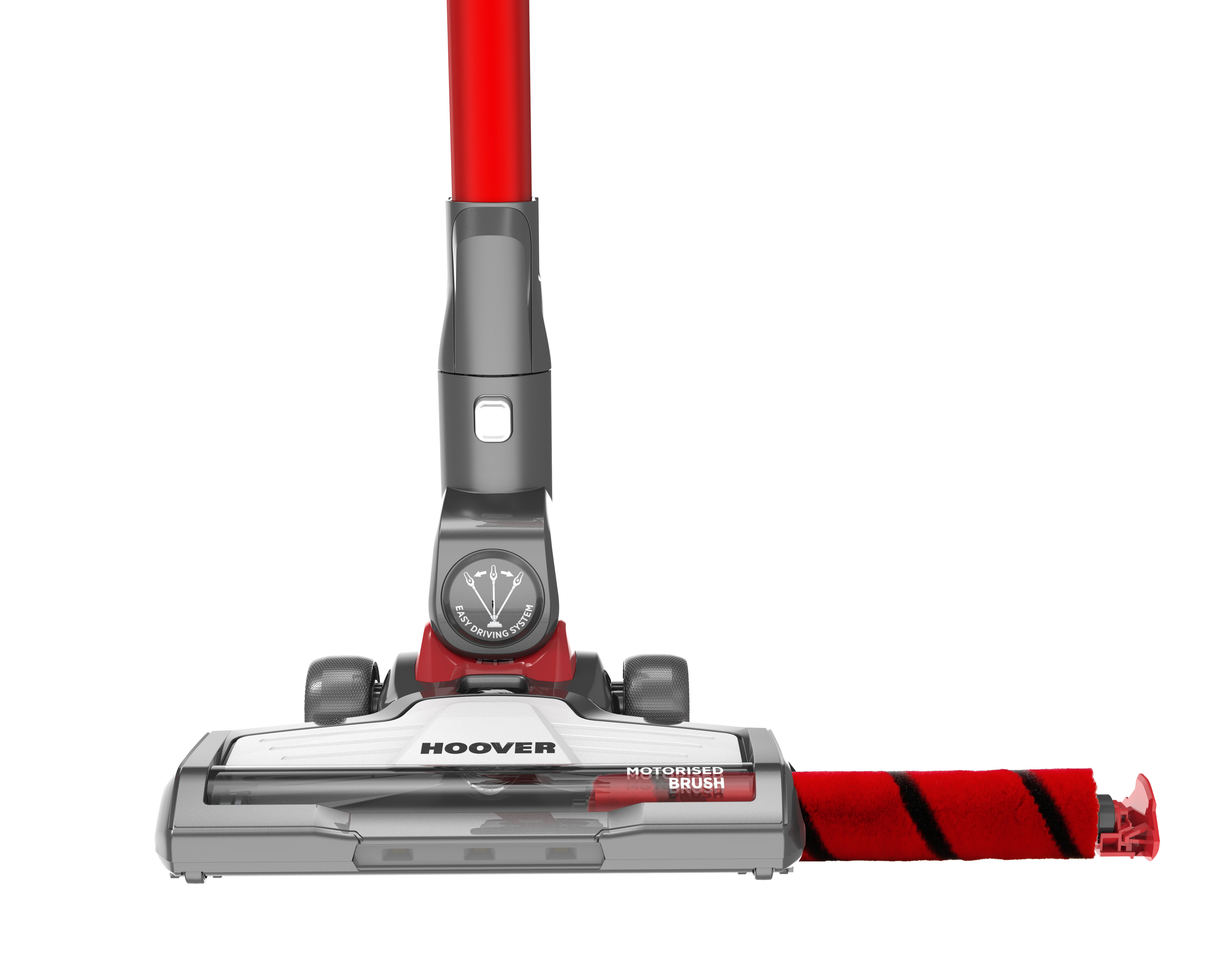 Hoover Staubsaugerkopf, rote Motorbürste, grauer und roter Griff, weißer Hintergrund.