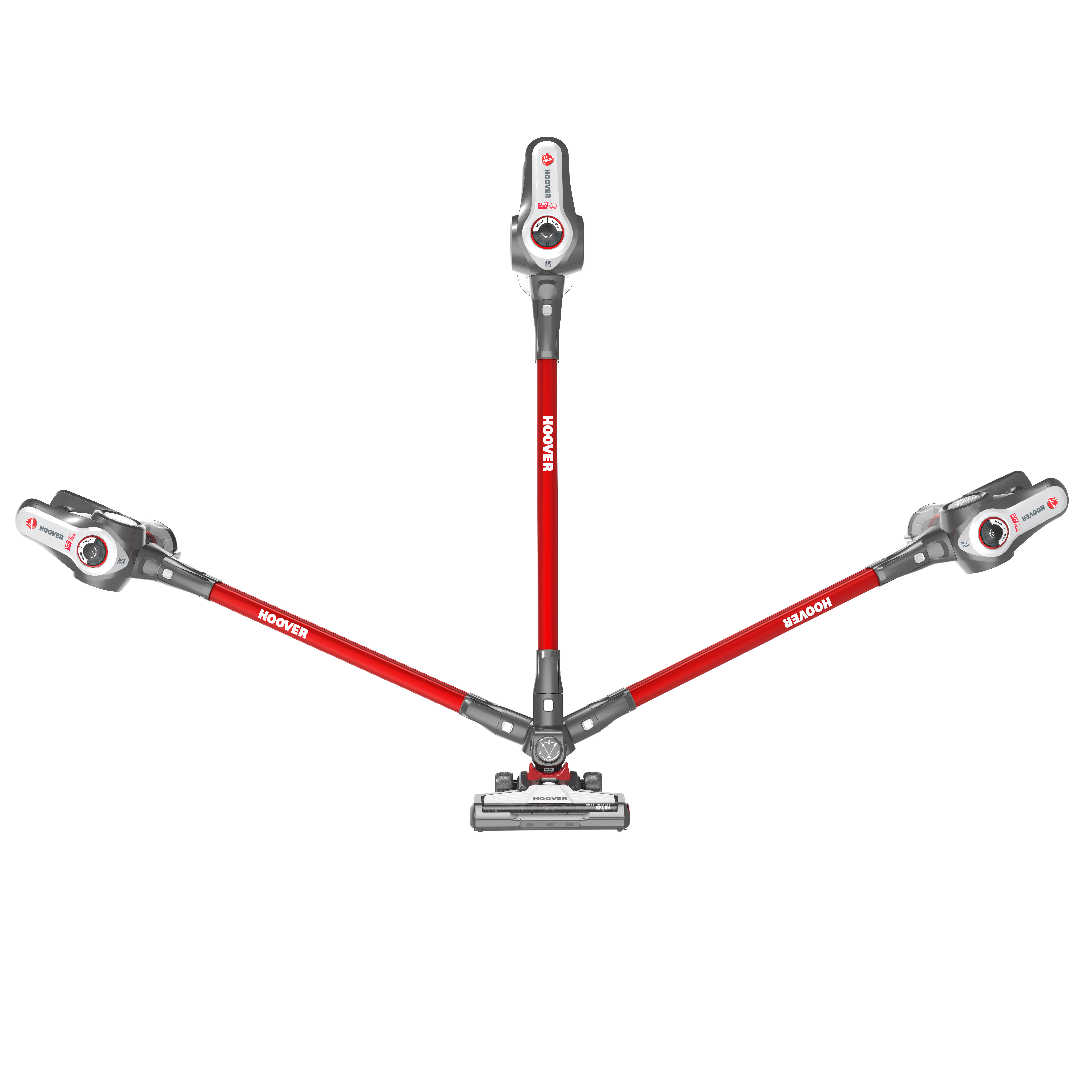 Ein Hoover-Staubsauger mit rotem Gehäuse und drei Armen in Fächerform, weißer Hintergrund.