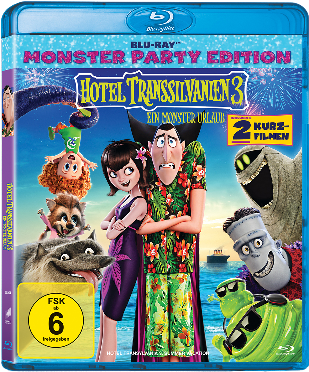 Blu-ray-Disc von Hotel Transsilvanien 3. Charaktere wie Dracula und Mavis sind zu sehen. Text enthält 'Monster Party Edition'.
