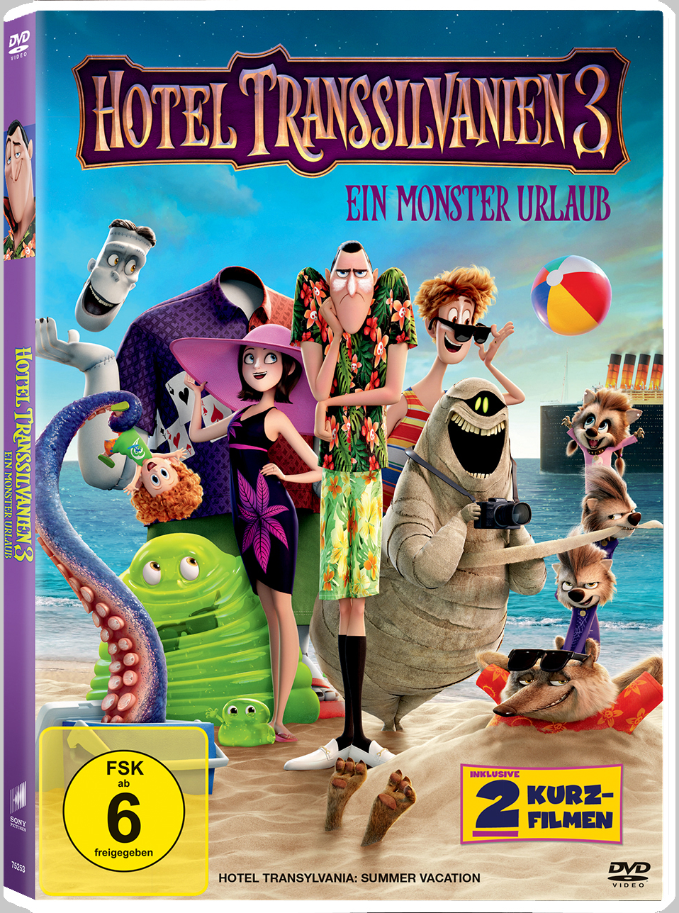DVD-Cover: Cartoon-Charaktere aus Hotel Transsilvanien 3 am Strand, mit Text und bunten Elementen.