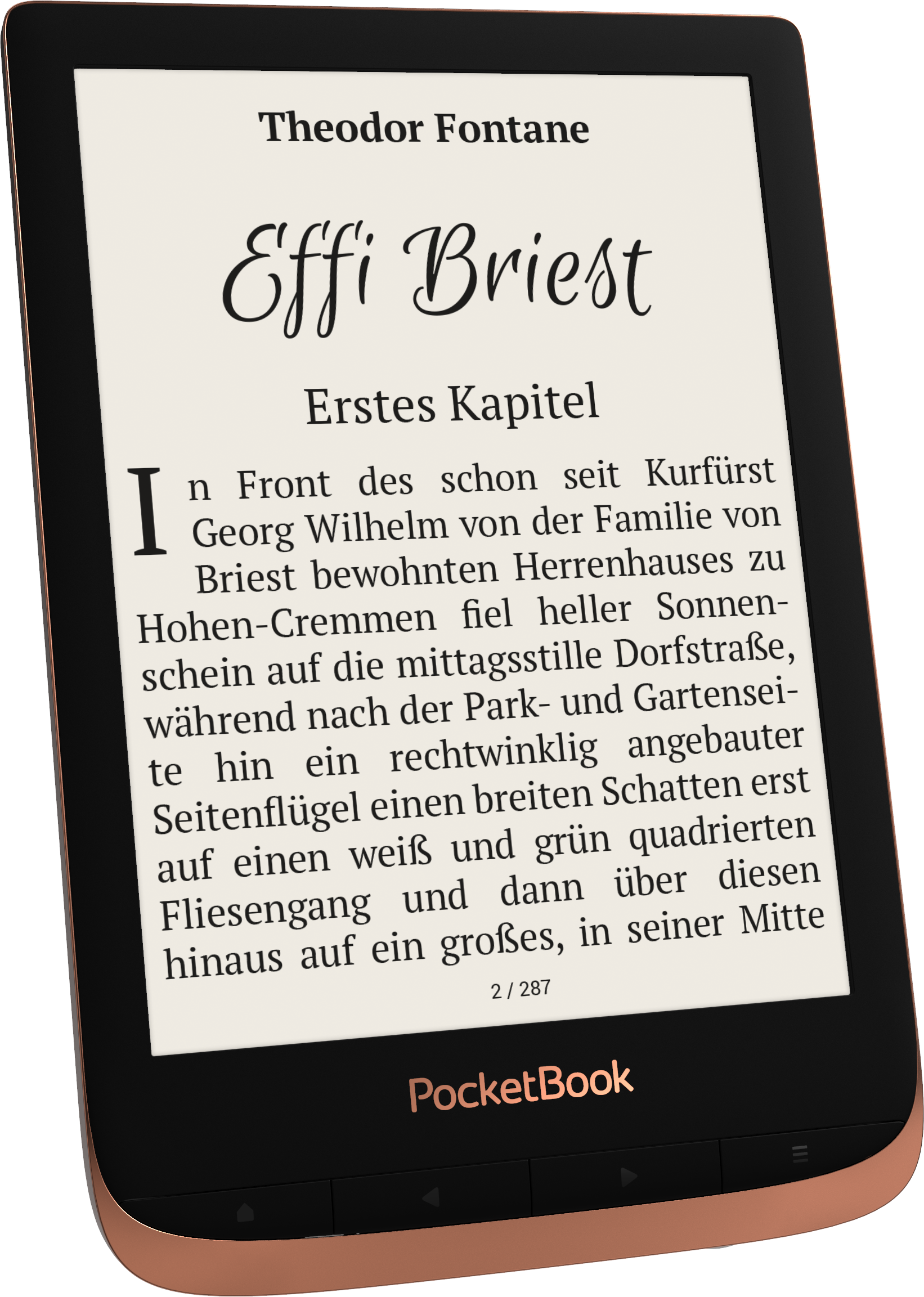 Ein E-Reader, der Text aus einem Buch anzeigt, mit PocketBook-Markenzeichen.