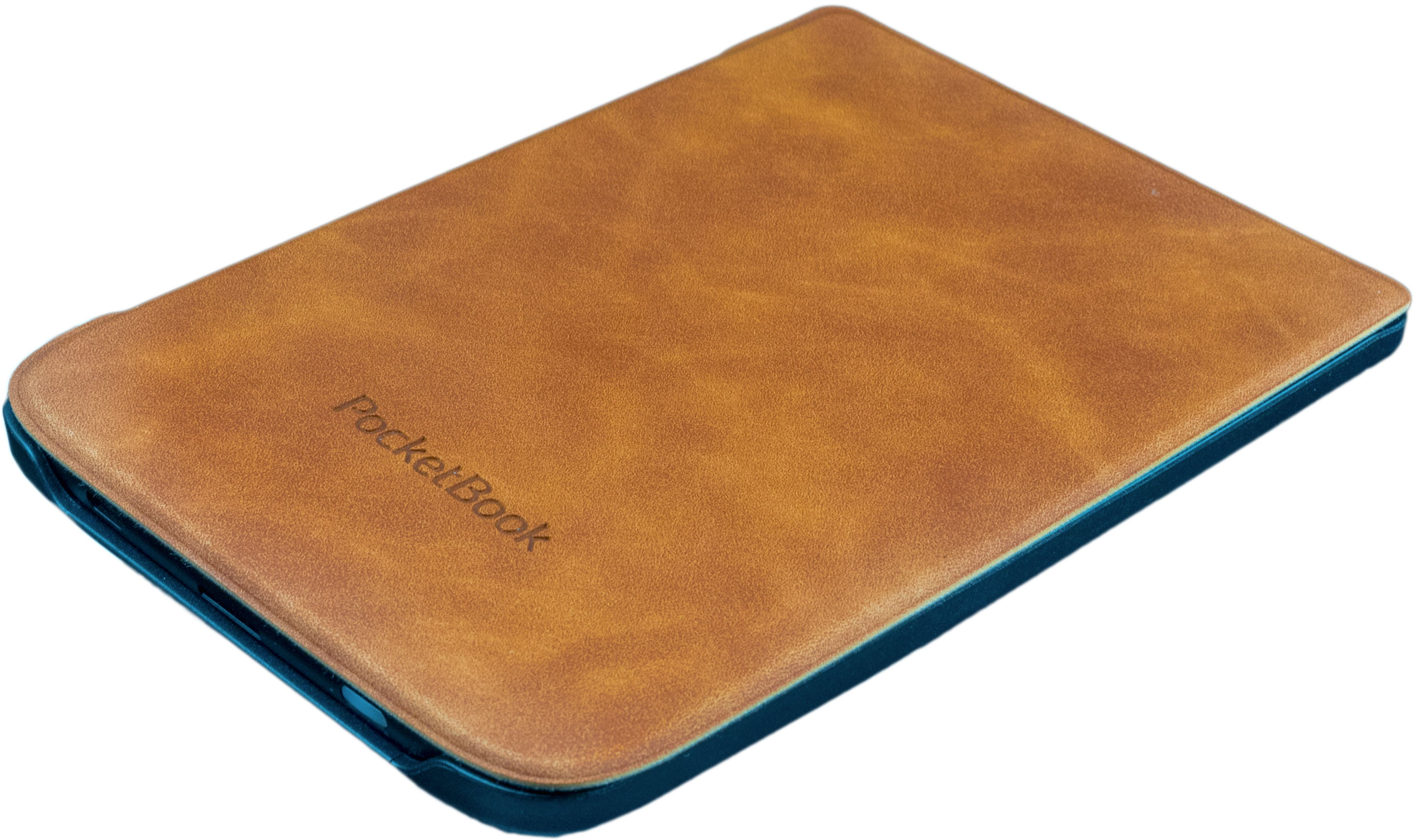Ein brauner PocketBook E-Reader aus Leder mit Markennamen.