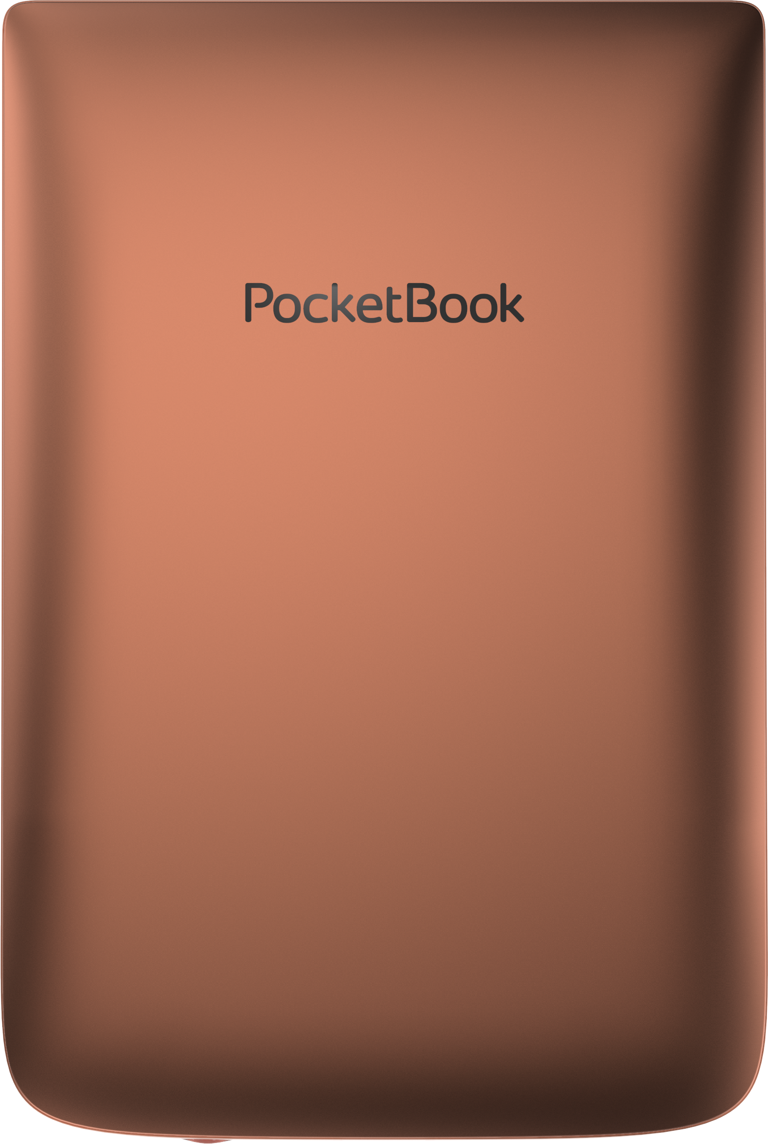 Ein bronzefarbenes PocketBook E-Reader, rechteckig mit abgerundeten Ecken, Markenname oben.