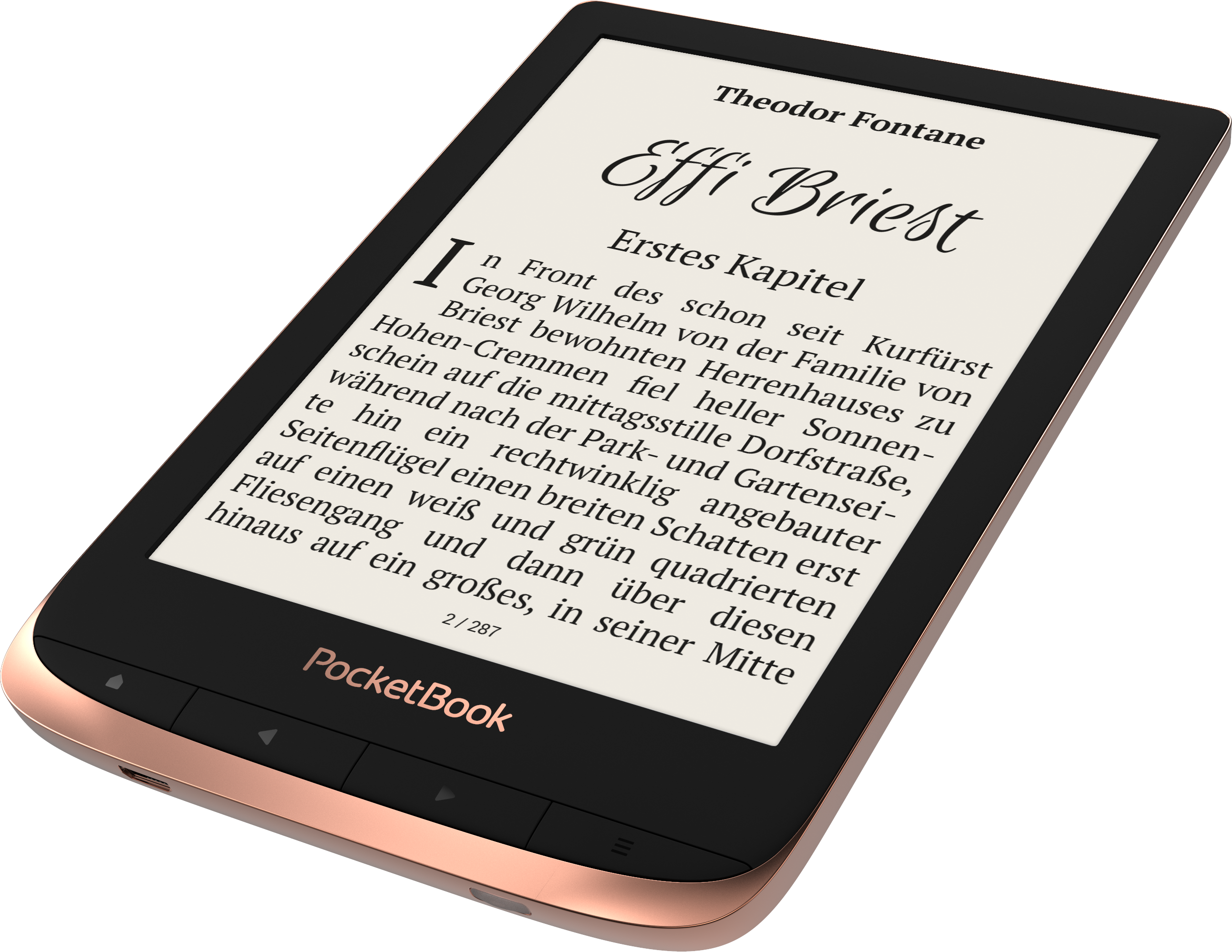 E-Reader mit Text, mit einem schwarzen und roségoldenen Rahmen.