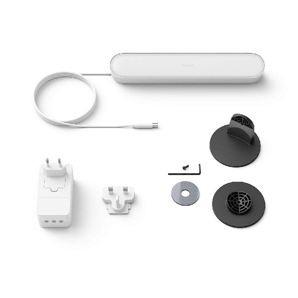 Barra de luz blanca con accesorios: adaptador de corriente, enchufes y accesorios de montaje.