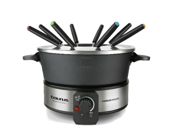 Fondue - Taurus FF2, 1000W, 2L, Termostato regulable, Para 8 personas, 8 Pinchos, Asas de transporte, Negro