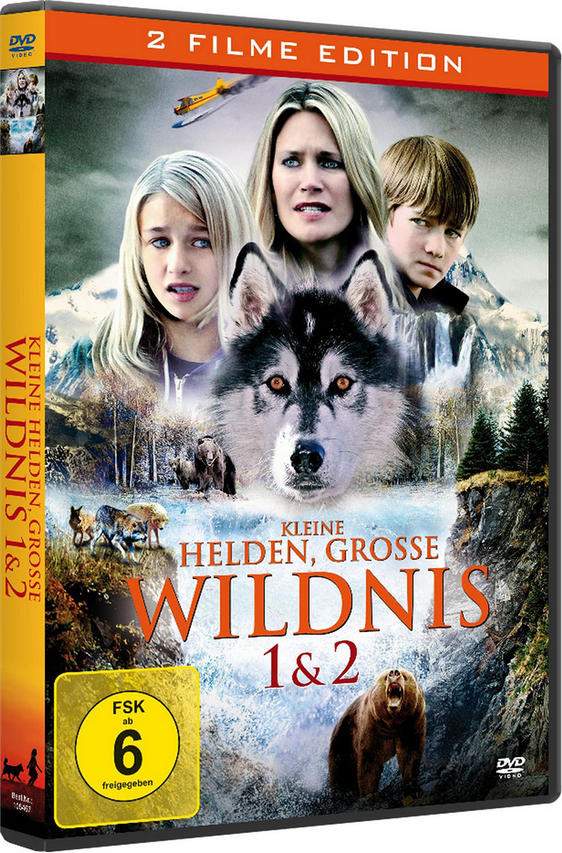 DVD-Cover mit einem Wolf und Kindern, mit Text. Verschneiter Hintergrund, Bewertungsetikett und Titel.