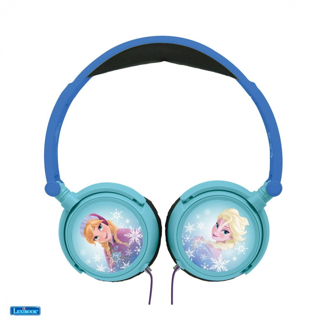 Auriculares azules con imágenes de Anna y Elsa de Frozen. Los auriculares están sobre un fondo blanco con cables morados.